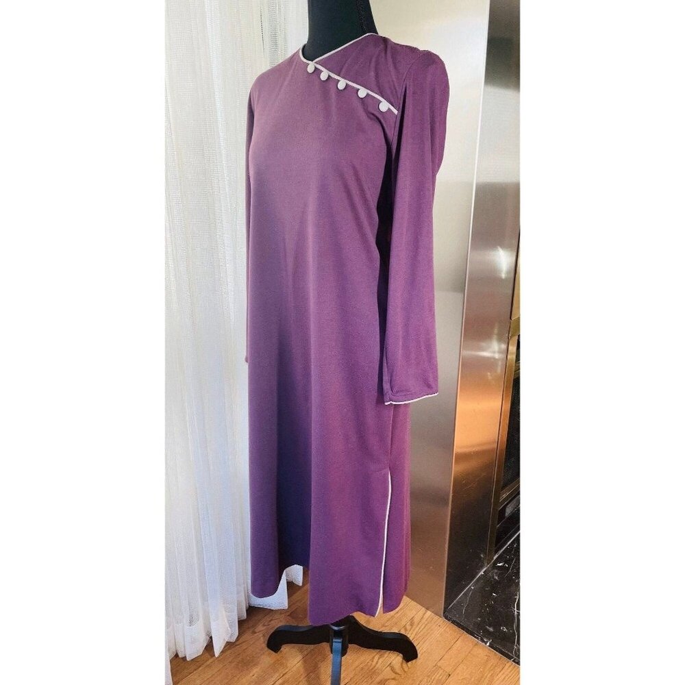 Vintage 1970s dress, purple, grey, A line, long sleeves, Mr Edwards, 8/10 (M)